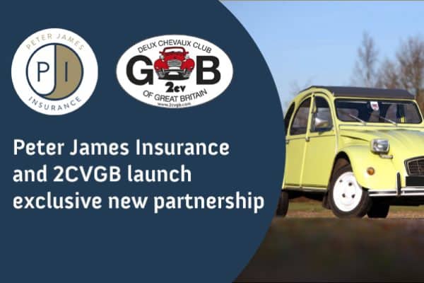 2CVGB Club - image shows Peter James Insurance logo, 2CVGB logo and a yellow Citroen 2CV