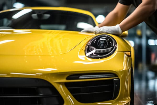 Yellow Porsche with working hands on bonnet