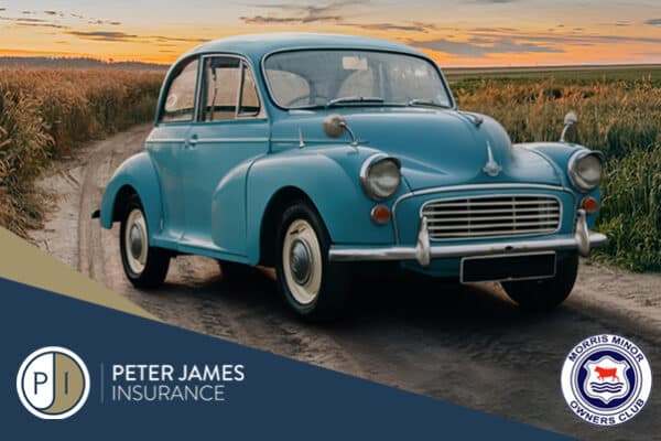 Blue Morris Minor with Sunset Background image used as accompanying image to article about new exclusive partnership with Morris Minor Owners Club and Peter James Insurance